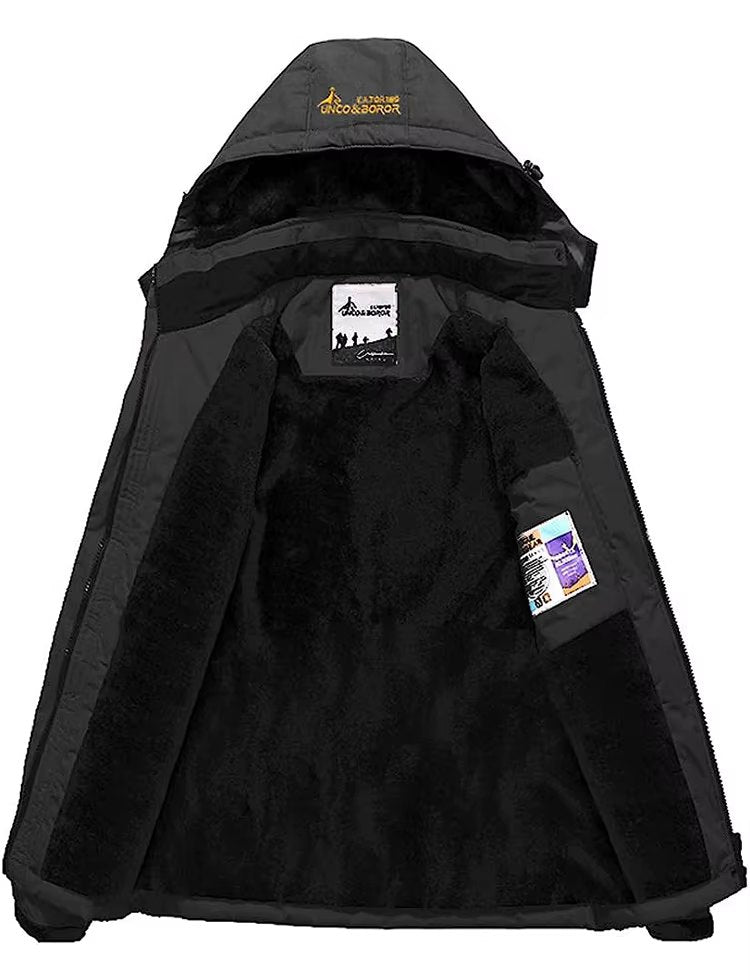 ANDES jacket in Black, open, showing the fleece lining