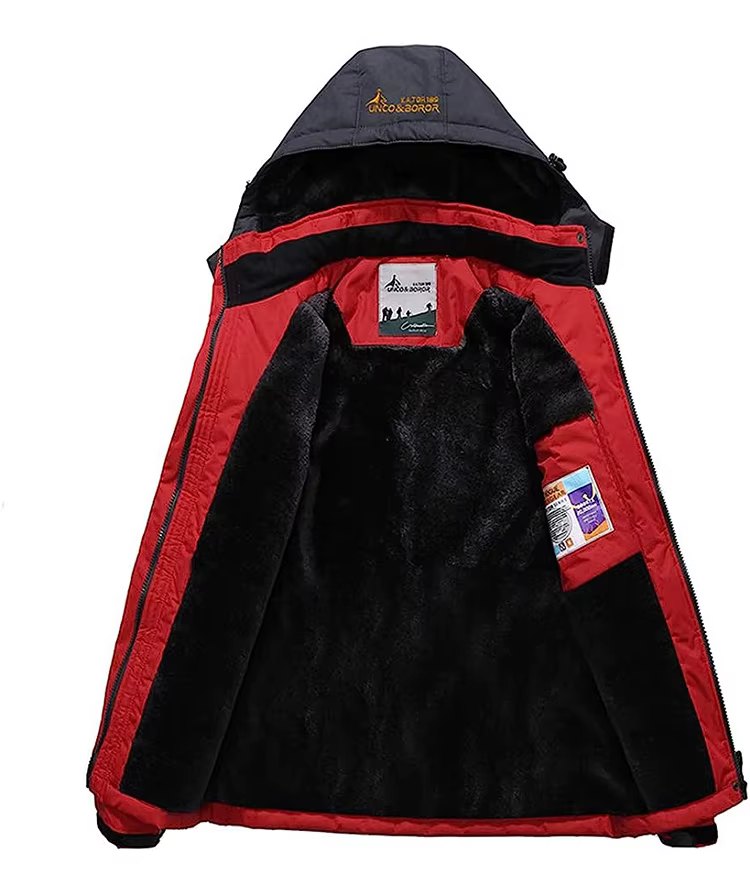ANDES jacket in Red, open, showing the fleece lining