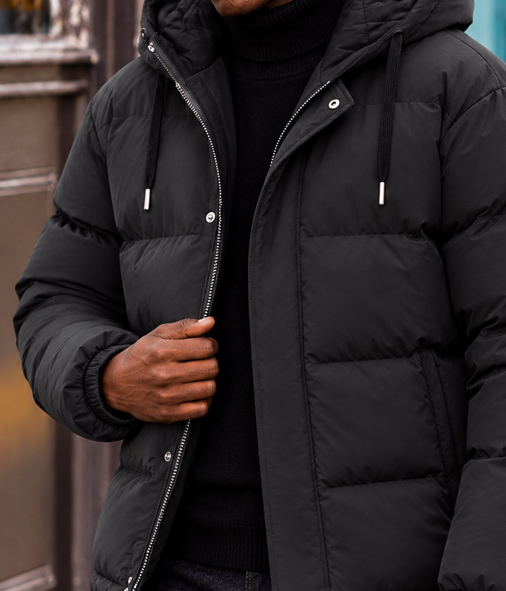 MONTANA jacket in Black, on model, front detail