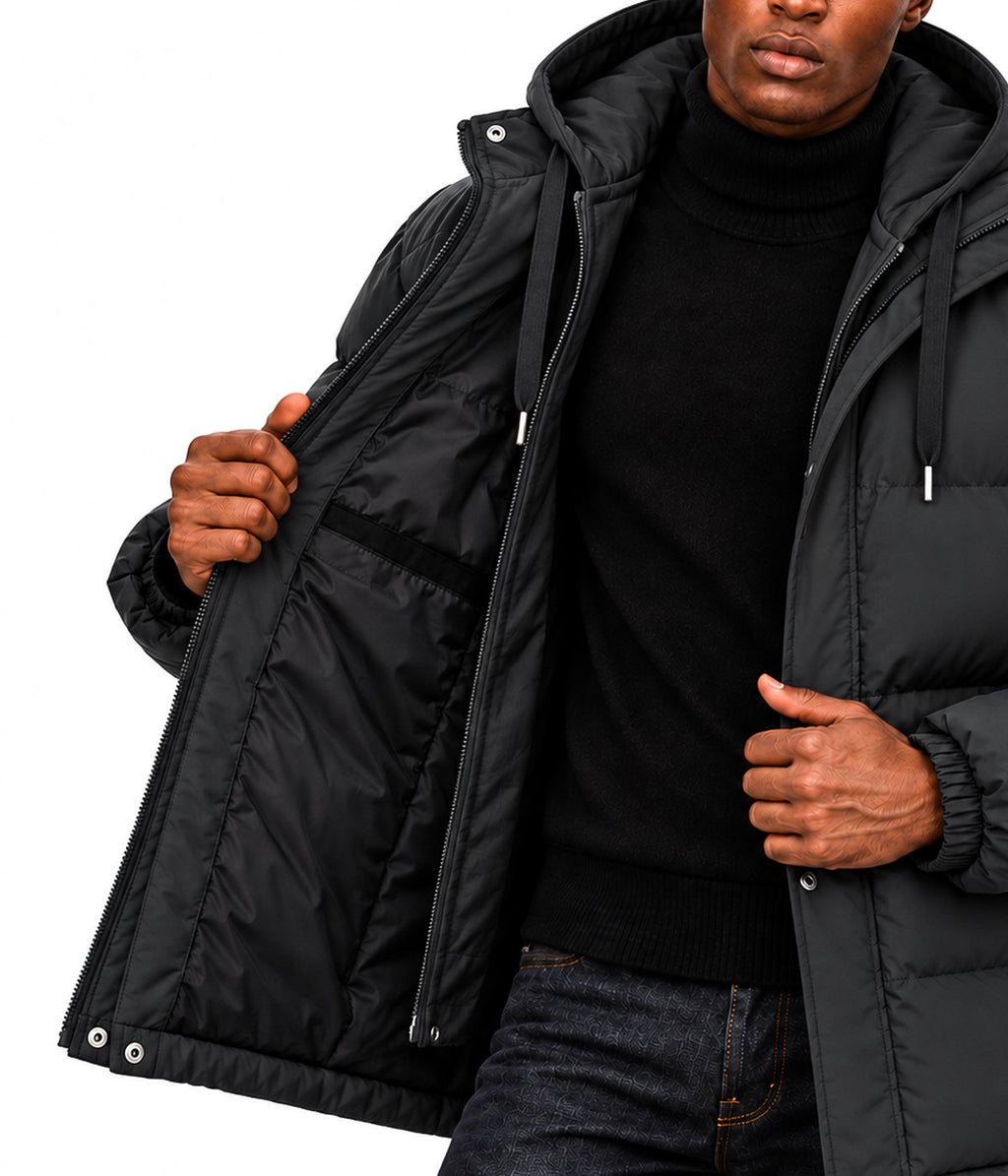 MONTANA jacket in Black, worn open, showing the lining