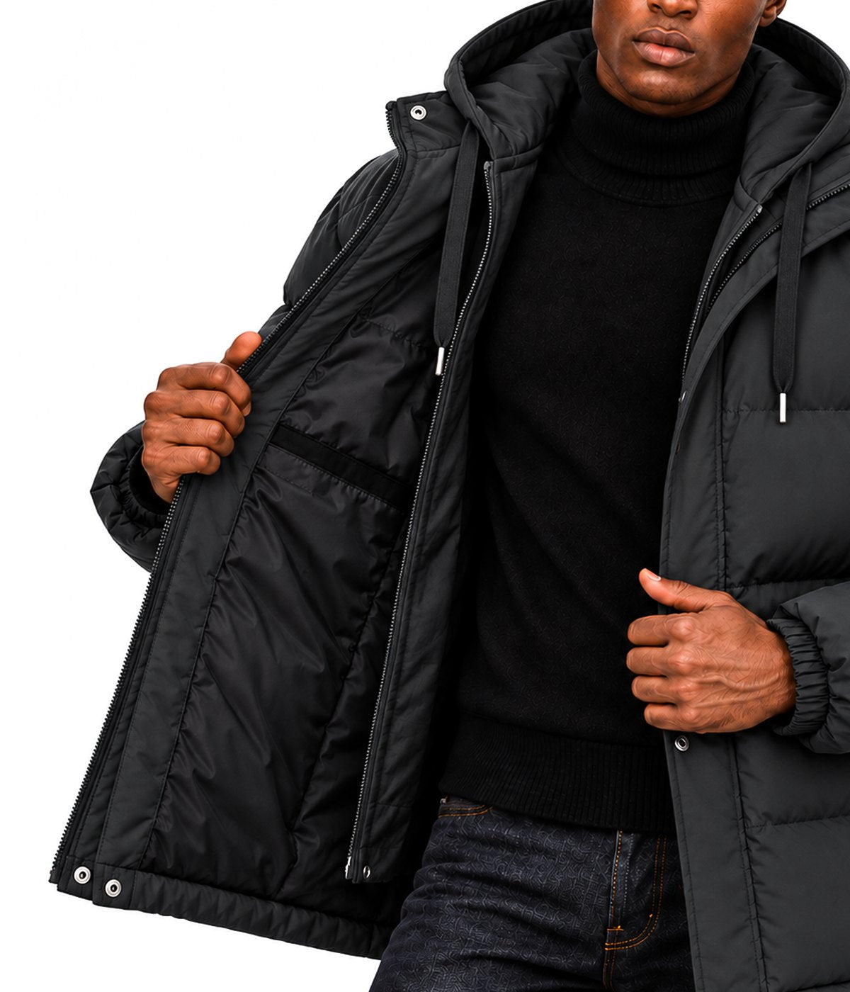 MONTANA jacket in Black, worn open, showing the lining