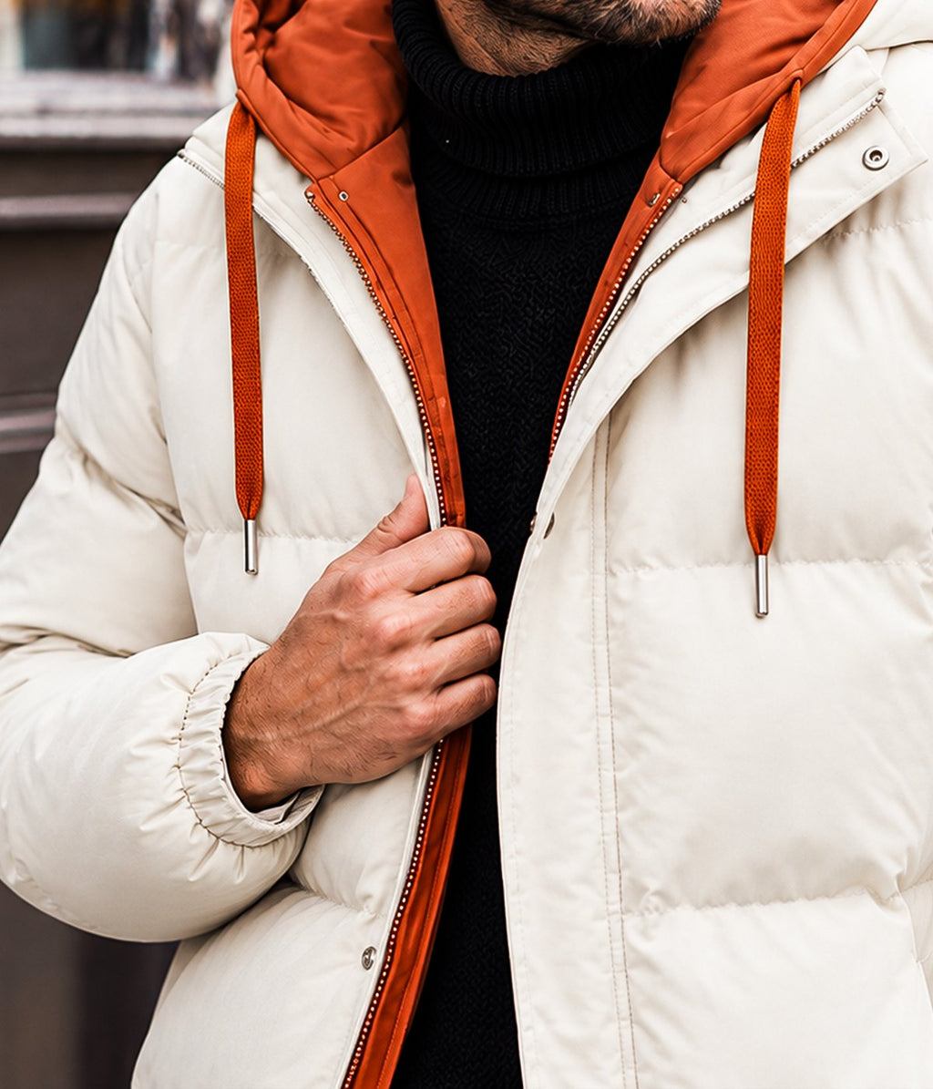 MONTANA jacket in Cream, on model, close up