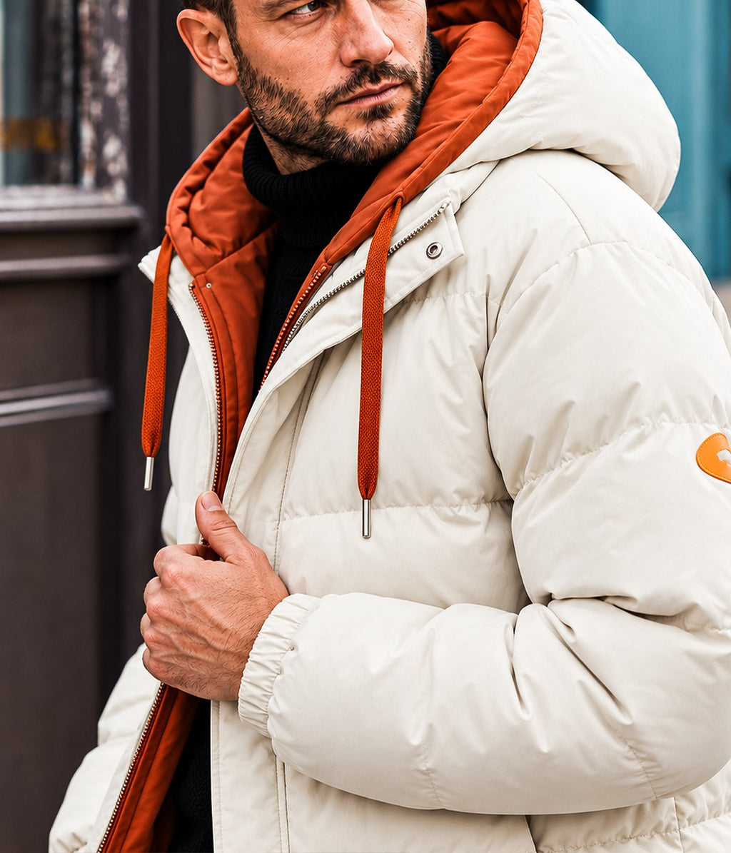 MONTANA jacket in Cream, on model, front detail