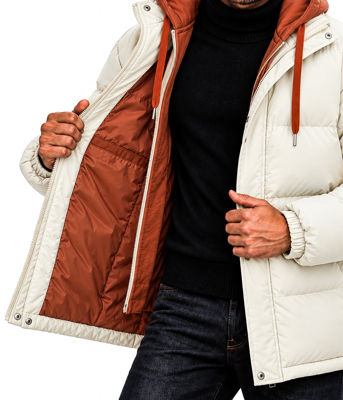 MONTANA jacket in Cream, worn open, showing the lining