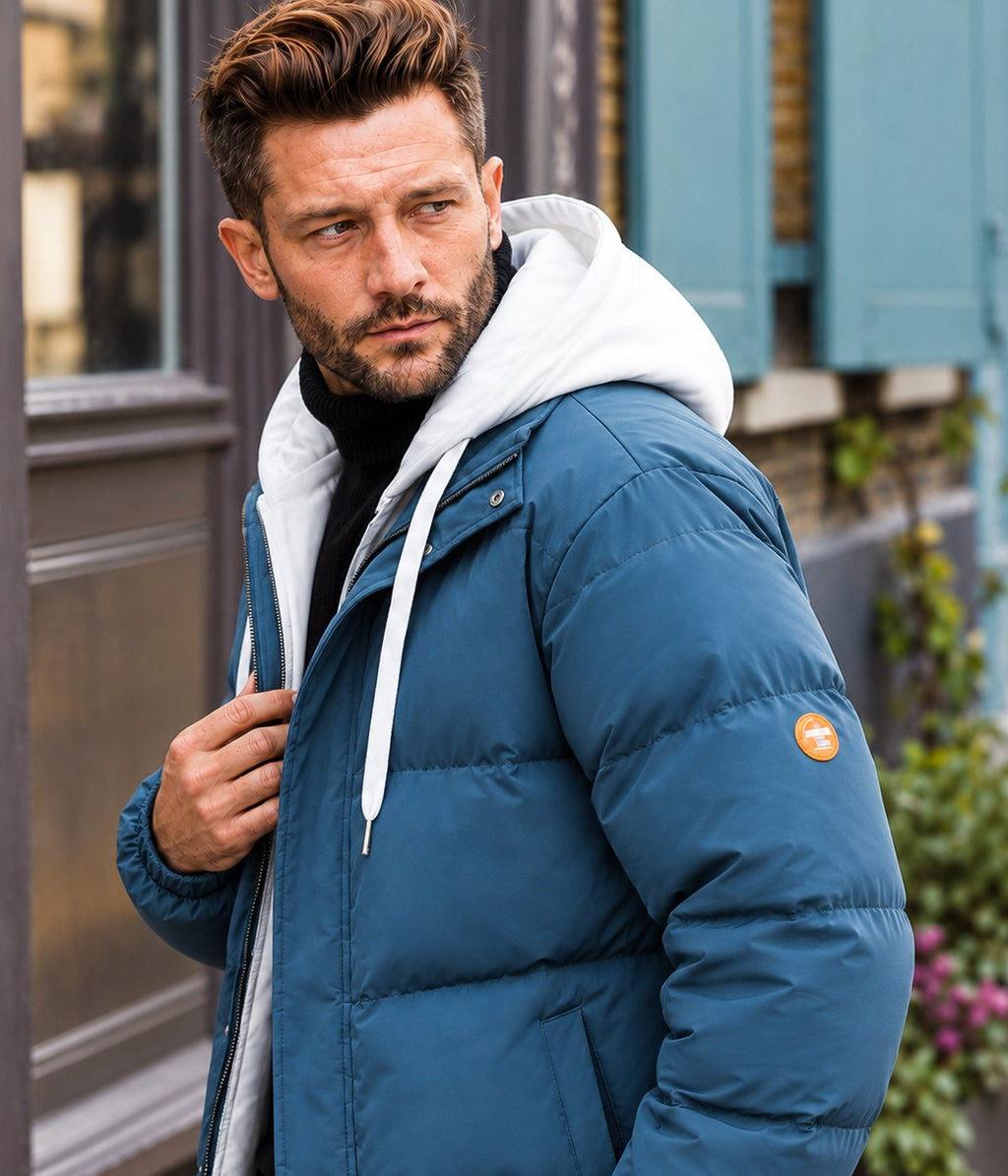 MONTANA jacket in Steel Blue, on model, front detail