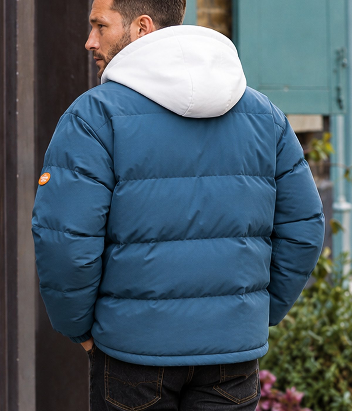 MONTANA jacket in Steel Blue, back view on model