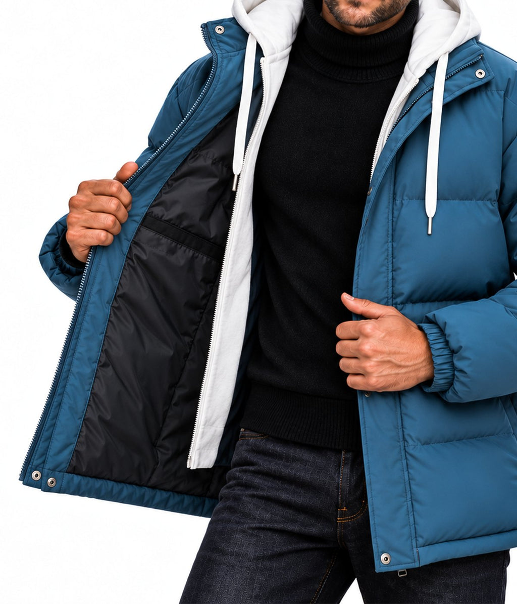 MONTANA jacket in Steel Blue, worn open, showing the lining